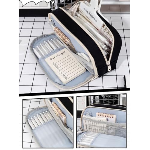 YBNKKUXKN Großes Federmäppchen, niedliche Federtasche mit 3 Fächern, weit öffnender Stiftetasche-Organizer mit Reißverschluss for Mädchen und Frauen(Svart) von YBNKKUXKN