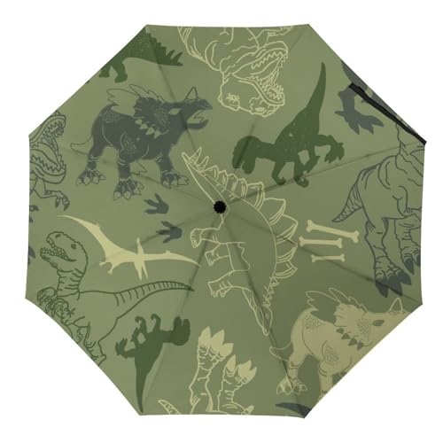 YBQLNP Automatischer Regenschirm Dinosaurier Grün Taschenschirm Winddicht Sturmfest Für Herren Damen Teenager von YBQLNP