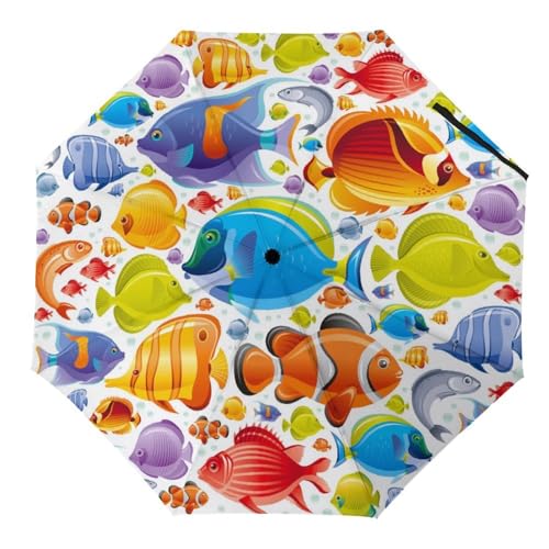 YBQLNP Automatischer Regenschirm Farbiger Fisch Taschenschirm Winddicht Sturmfest Für Herren Damen Teenager von YBQLNP