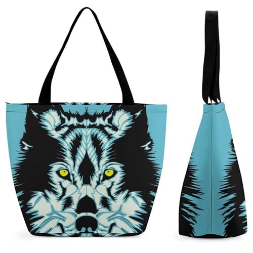 YBQLNP Blau-Schwarzer Wolf Damen Handtasche Shopper Umhängetasche Schultertasche Tragetasche Mit Reißverschluss 28.5x18x32.5cm von YBQLNP