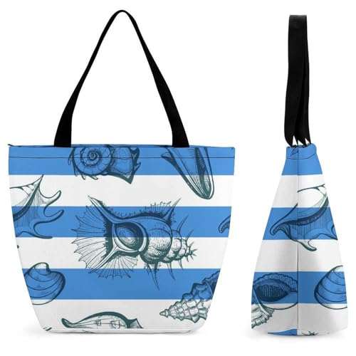 YBQLNP Blau-Weiße Muschel Damen Handtasche Shopper Umhängetasche Schultertasche Tragetasche Mit Reißverschluss 28.5x18x32.5cm von YBQLNP