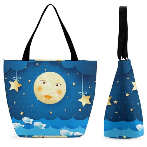 YBQLNP Blaue Wellen Mond Sterne Damen Handtasche Shopper Umhängetasche Schultertasche Tragetasche Mit Reißverschluss 28.5x18x32.5cm von YBQLNP