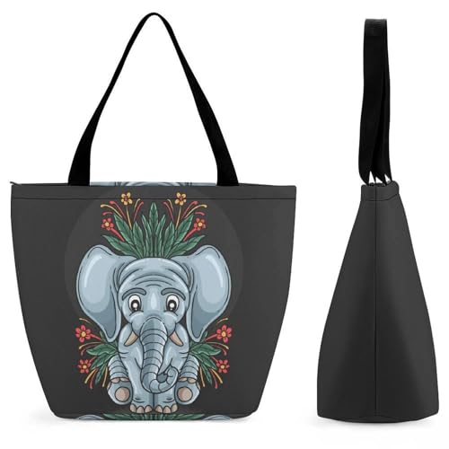 YBQLNP Blume Elefant Damen Handtasche Shopper Umhängetasche Schultertasche Tragetasche Mit Reißverschluss 28.5x18x32.5cm von YBQLNP
