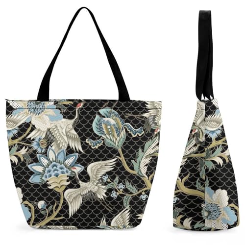 YBQLNP Blume Weiße Vögel Damen Handtasche Shopper Umhängetasche Schultertasche Tragetasche Mit Reißverschluss 28.5x18x32.5cm von YBQLNP