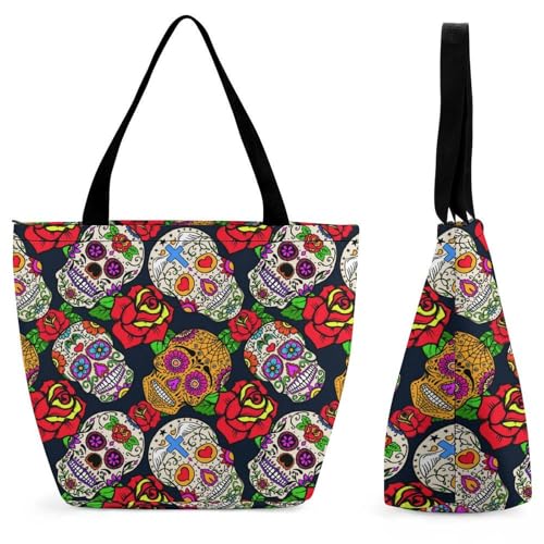 YBQLNP Bonbon-Totenkopf-Rose Damen Handtasche Shopper Umhängetasche Schultertasche Tragetasche Mit Reißverschluss 28.5x18x32.5cm von YBQLNP