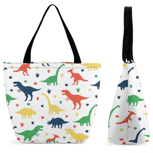 YBQLNP Bunte Dinosaurier Damen Handtasche Shopper Umhängetasche Schultertasche Tragetasche Mit Reißverschluss 28.5x18x32.5cm von YBQLNP