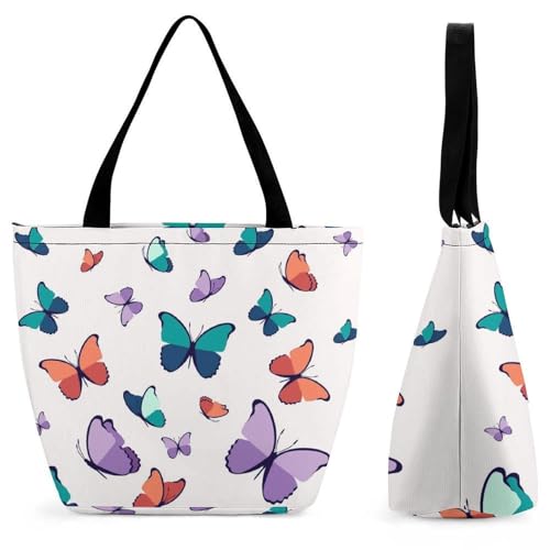 YBQLNP Bunte Schmetterlinge Damen Handtasche Shopper Umhängetasche Schultertasche Tragetasche Mit Reißverschluss 28.5x18x32.5cm von YBQLNP