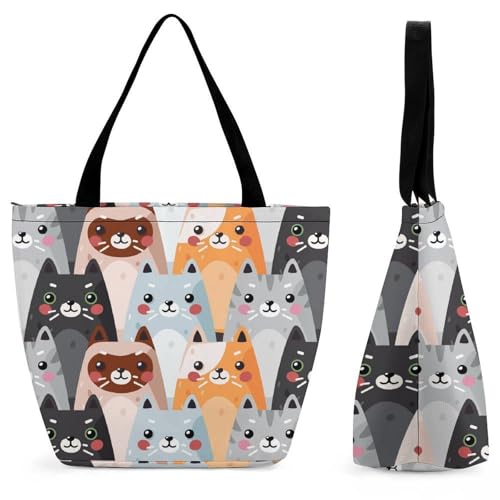 YBQLNP Bunte Süße Katze Damen Handtasche Shopper Umhängetasche Schultertasche Tragetasche Mit Reißverschluss 28.5x18x32.5cm von YBQLNP