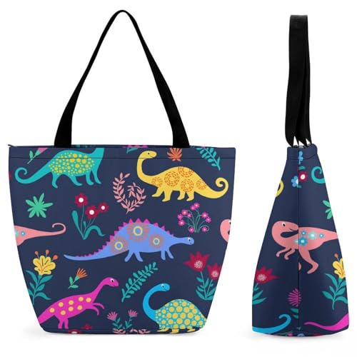 YBQLNP Bunter Dinosaurier Damen Handtasche Shopper Umhängetasche Schultertasche Tragetasche Mit Reißverschluss 28.5x18x32.5cm von YBQLNP