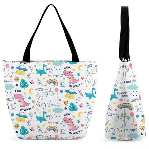 YBQLNP Einhorn-Dinosaurier Damen Handtasche Shopper Umhängetasche Schultertasche Tragetasche Mit Reißverschluss 28.5x18x32.5cm von YBQLNP