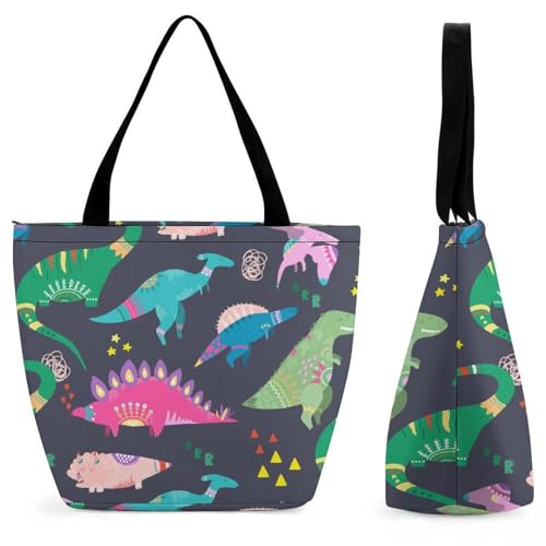 YBQLNP Farbiger Dinosaurier Damen Handtasche Shopper Umhängetasche Schultertasche Tragetasche Mit Reißverschluss 28.5x18x32.5cm von YBQLNP