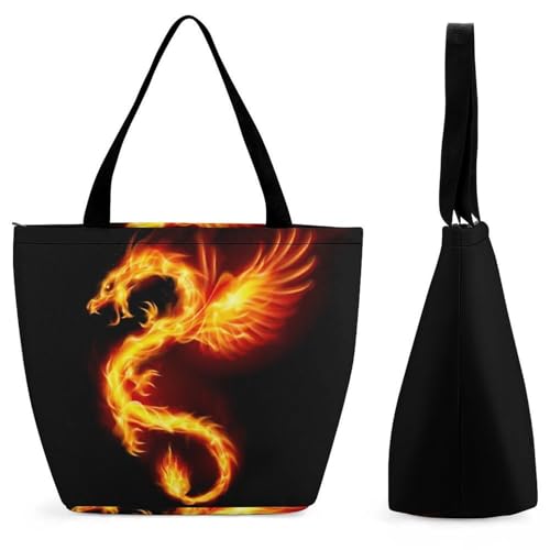 YBQLNP Feuerdrache Damen Handtasche Shopper Umhängetasche Schultertasche Tragetasche Mit Reißverschluss 28.5x18x32.5cm von YBQLNP