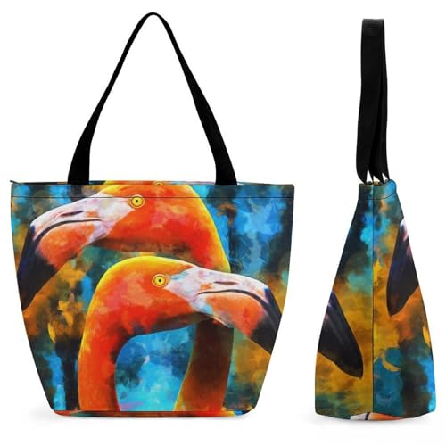 YBQLNP Flamingo Bunt Damen Handtasche Shopper Umhängetasche Schultertasche Tragetasche Mit Reißverschluss 28.5x18x32.5cm von YBQLNP