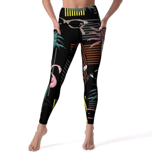YBQLNP Flamingo Damen Leggings High Waist Lang Sporthose Elastische Sportleggins Für Sport Yoga Gym M von YBQLNP