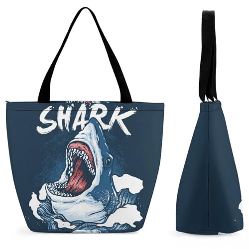 YBQLNP Furchterregender Hai Damen Handtasche Shopper Umhängetasche Schultertasche Tragetasche Mit Reißverschluss 28.5x18x32.5cm von YBQLNP
