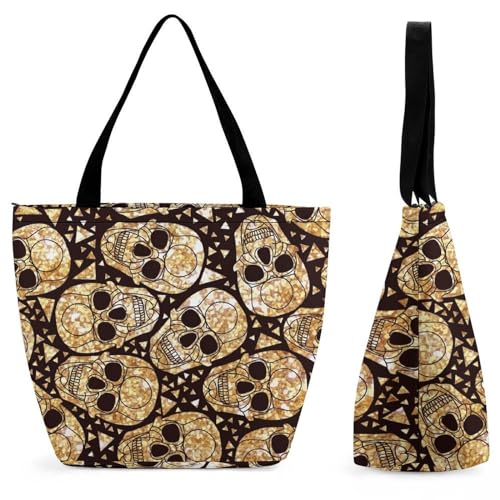 YBQLNP Goldene Totenköpfe Damen Handtasche Shopper Umhängetasche Schultertasche Tragetasche Mit Reißverschluss 28.5x18x32.5cm YBQLNP Goldene Totenköpfe Damen Handtasche Shopper Umhängetasche Schultertasche Tragetasche Mit Reißverschluss 28.5x18x32.5cm von YBQLNP