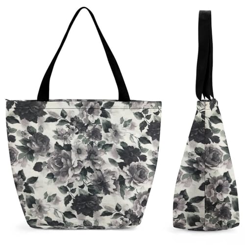 YBQLNP Graue Blumen Damen Handtasche Shopper Umhängetasche Schultertasche Tragetasche Mit Reißverschluss 28.5x18x32.5cm von YBQLNP