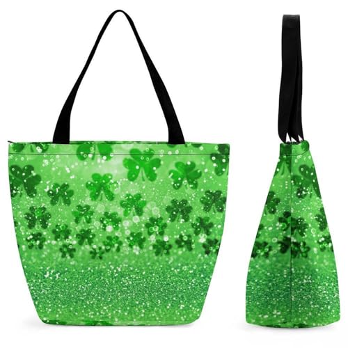 YBQLNP Grüne Glitzer-Kleeblätter Damen Handtasche Shopper Umhängetasche Schultertasche Tragetasche Mit Reißverschluss 28.5x18x32.5cm von YBQLNP