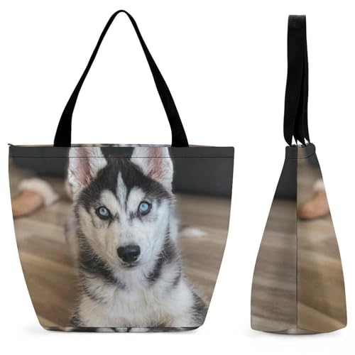 YBQLNP Husky Hund Damen Handtasche Shopper Umhängetasche Schultertasche Tragetasche Mit Reißverschluss 28.5x18x32.5cm von YBQLNP