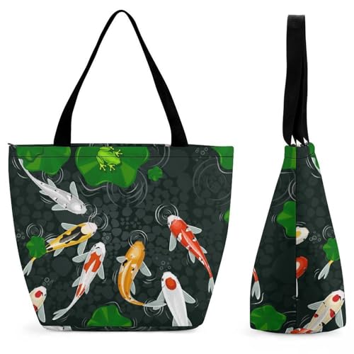 YBQLNP Karpfen Teich Blatt Damen Handtasche Shopper Umhängetasche Schultertasche Tragetasche Mit Reißverschluss 28.5x18x32.5cm von YBQLNP