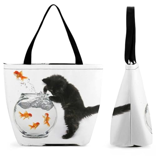 YBQLNP Katze Schwarz Goldfisch Damen Handtasche Shopper Umhängetasche Schultertasche Tragetasche Mit Reißverschluss 28.5x18x32.5cm YBQLNP Katze Schwarz Goldfisch Damen Handtasche Shopper Umhängetasche Schultertasche Tragetasche Mit Reißverschluss 28.5x18x32.5cm von YBQLNP