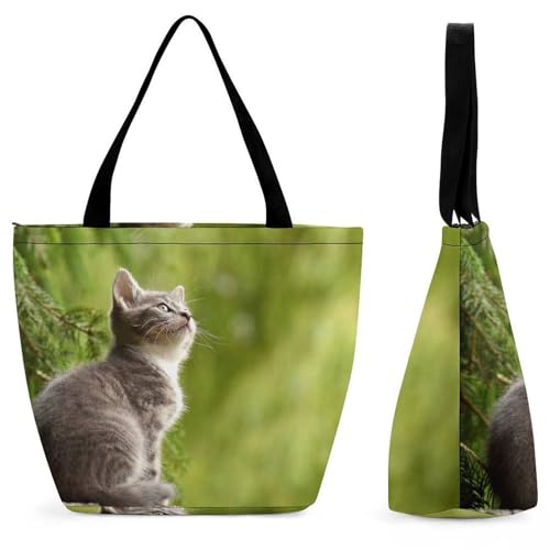 YBQLNP Katze Süß Damen Handtasche Shopper Umhängetasche Schultertasche Tragetasche Mit Reißverschluss 28.5x18x32.5cm von YBQLNP