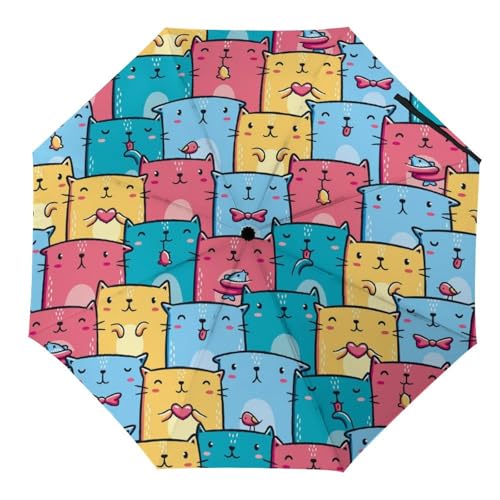 YBQLNP Kompakter Reise Regenschirm Bunte Katzen Taschenschirm Automatisch Auf Und Zu Faltbarer Sonnenschirm von YBQLNP