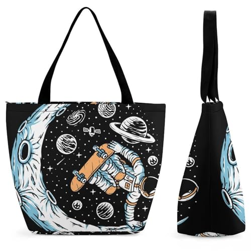 YBQLNP Kosmonaut Skateboard Damen Handtasche Shopper Umhängetasche Schultertasche Tragetasche Mit Reißverschluss 28.5x18x32.5cm von YBQLNP