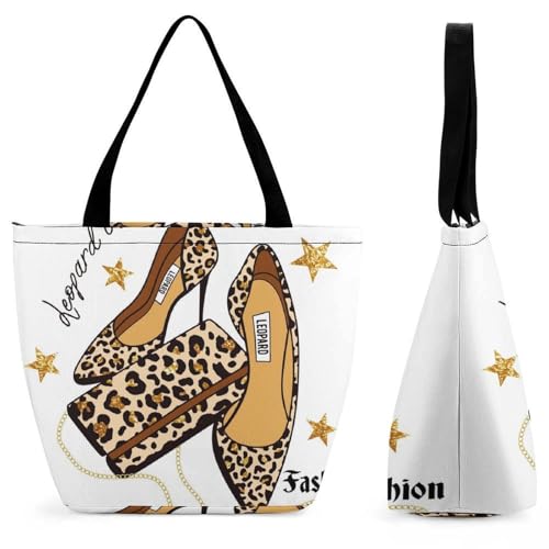 YBQLNP Leopard High Heels Damen Handtasche Shopper Umhängetasche Schultertasche Tragetasche Mit Reißverschluss 28.5x18x32.5cm von YBQLNP
