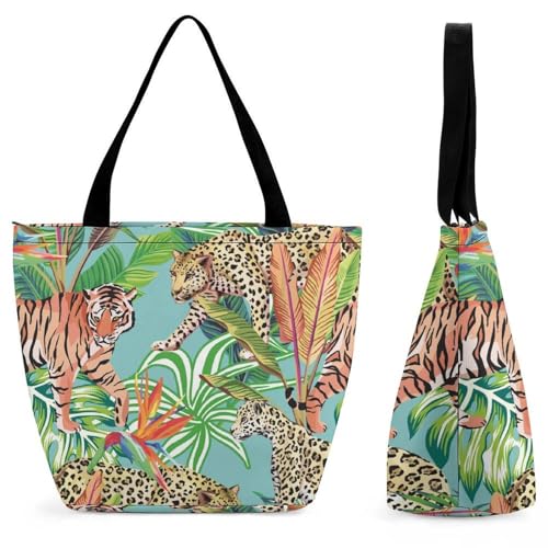 YBQLNP Leopard Tiger Damen Handtasche Shopper Umhängetasche Schultertasche Tragetasche Mit Reißverschluss 28.5x18x32.5cm von YBQLNP