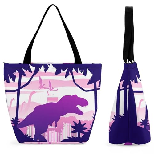 YBQLNP Lila Dinosaurier Damen Handtasche Shopper Umhängetasche Schultertasche Tragetasche Mit Reißverschluss 28.5x18x32.5cm von YBQLNP