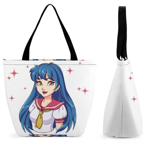 YBQLNP Mädchen Mit Blauen Haaren Damen Handtasche Shopper Umhängetasche Schultertasche Tragetasche Mit Reißverschluss 28.5x18x32.5cm von YBQLNP