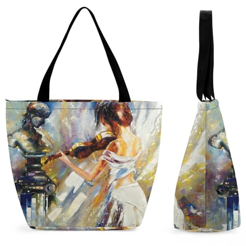YBQLNP Mädchen Mit Geige Damen Handtasche Shopper Umhängetasche Schultertasche Tragetasche Mit Reißverschluss 28.5x18x32.5cm von YBQLNP