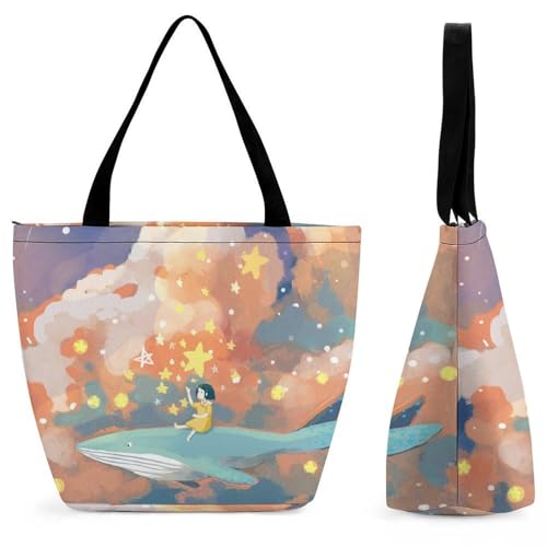 YBQLNP Mädchen Stern Wal Damen Handtasche Shopper Umhängetasche Schultertasche Tragetasche Mit Reißverschluss 28.5x18x32.5cm von YBQLNP