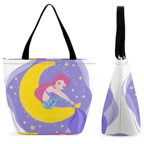 YBQLNP Meerjungfrau-Sterne-Mond Damen Handtasche Shopper Umhängetasche Schultertasche Tragetasche Mit Reißverschluss 28.5x18x32.5cm von YBQLNP