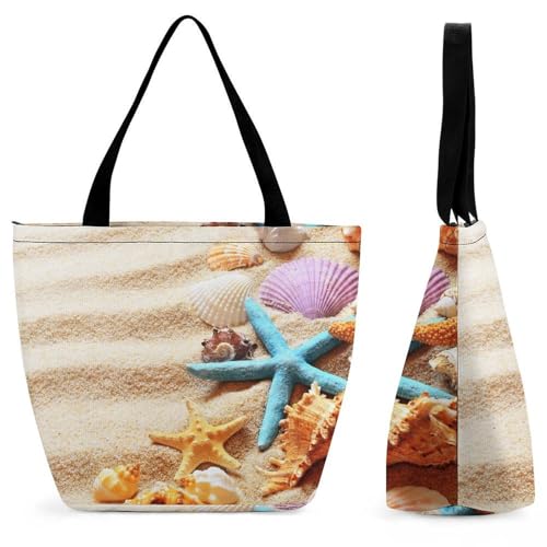 YBQLNP Muscheln Seestern Damen Handtasche Shopper Umhängetasche Schultertasche Tragetasche Mit Reißverschluss 28.5x18x32.5cm von YBQLNP