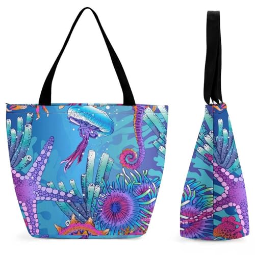 YBQLNP Quallen Krabbe Damen Handtasche Shopper Umhängetasche Schultertasche Tragetasche Mit Reißverschluss 28.5x18x32.5cm von YBQLNP