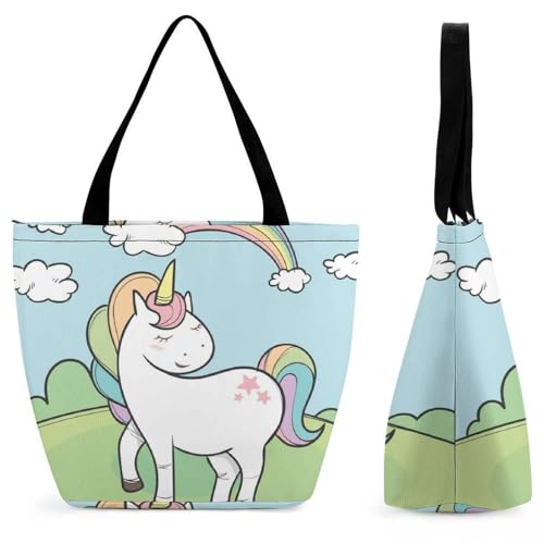 YBQLNP Regenbogen-Einhorn Damen Handtasche Shopper Umhängetasche Schultertasche Tragetasche Mit Reißverschluss 28.5x18x32.5cm von YBQLNP