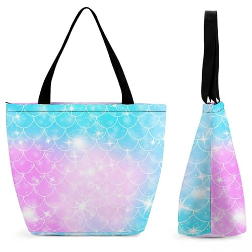 YBQLNP Regenbogen-Meerjungfrauenschuppe Damen Handtasche Shopper Umhängetasche Schultertasche Tragetasche Mit Reißverschluss 28.5x18x32.5cm von YBQLNP