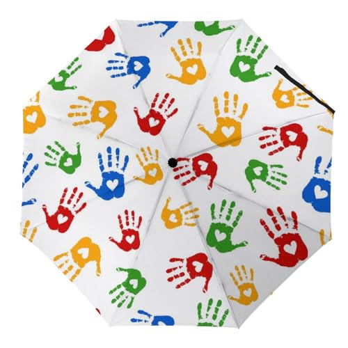 YBQLNP Regenschirm Sturmfest Farbe Handabdruck Automatik Taschenschirm Mit Schirmtasche Uv Faltbarer Regenschirm von YBQLNP