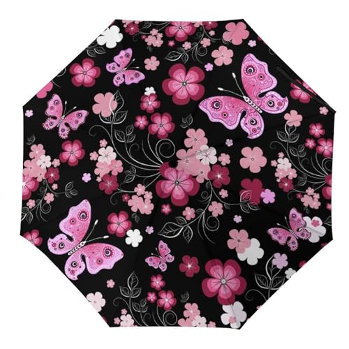 YBQLNP Regenschirm Sturmfest Rosa Schmetterling Automatik Taschenschirm Mit Schirmtasche Uv Faltbarer Regenschirm von YBQLNP