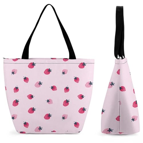 YBQLNP Rosa Erdbeere Damen Handtasche Shopper Umhängetasche Schultertasche Tragetasche Mit Reißverschluss 28.5x18x32.5cm von YBQLNP