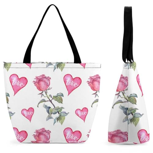 YBQLNP Rosa Liebesblume Damen Handtasche Shopper Umhängetasche Schultertasche Tragetasche Mit Reißverschluss 28.5x18x32.5cm von YBQLNP