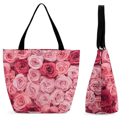 YBQLNP Rosa Rose Damen Handtasche Shopper Umhängetasche Schultertasche Tragetasche Mit Reißverschluss 28.5x18x32.5cm von YBQLNP
