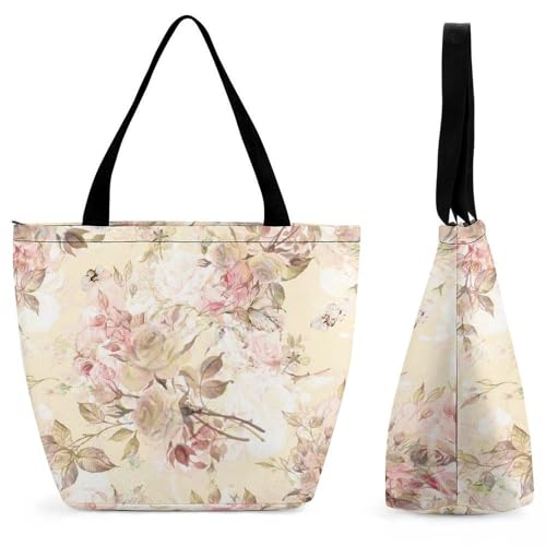 YBQLNP Rose Und Biene Damen Handtasche Shopper Umhängetasche Schultertasche Tragetasche Mit Reißverschluss 28.5x18x32.5cm von YBQLNP
