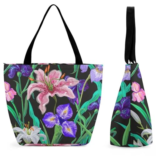 YBQLNP Schwarz-Rosa Blume Damen Handtasche Shopper Umhängetasche Schultertasche Tragetasche Mit Reißverschluss 28.5x18x32.5cm von YBQLNP