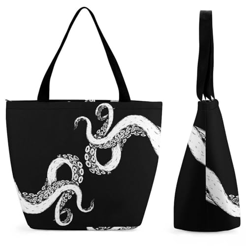 YBQLNP Schwarz-Weißer Oktopus Damen Handtasche Shopper Umhängetasche Schultertasche Tragetasche Mit Reißverschluss 28.5x18x32.5cm von YBQLNP