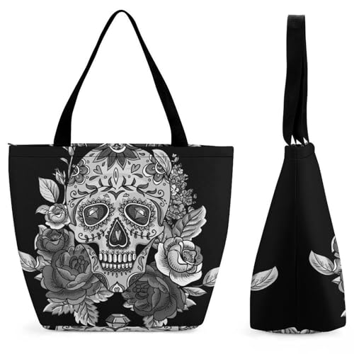 YBQLNP Schwarz-Weißer Totenkopf Damen Handtasche Shopper Umhängetasche Schultertasche Tragetasche Mit Reißverschluss 28.5x18x32.5cm von YBQLNP