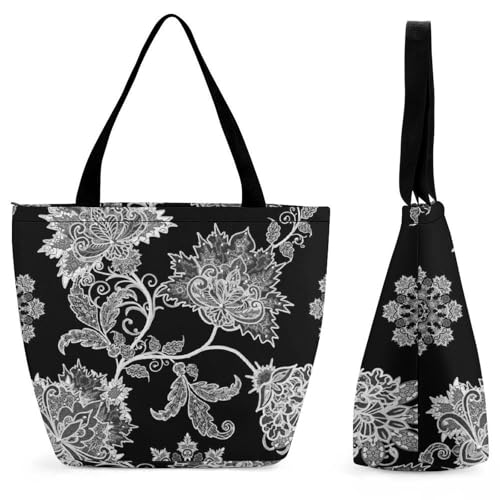 YBQLNP Schwarze Blume Damen Handtasche Shopper Umhängetasche Schultertasche Tragetasche Mit Reißverschluss 28.5x18x32.5cm von YBQLNP