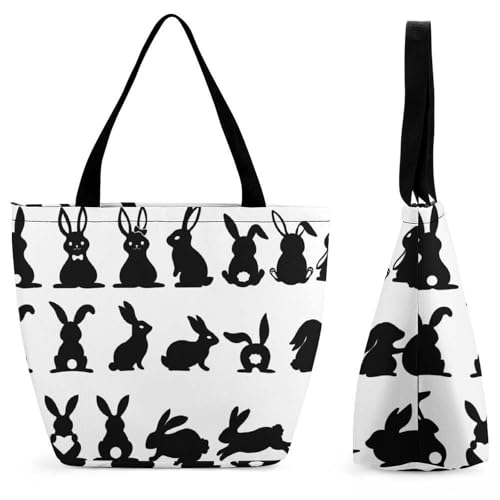 YBQLNP Schwarze Kaninchen Damen Handtasche Shopper Umhängetasche Schultertasche Tragetasche Mit Reißverschluss 28.5x18x32.5cm von YBQLNP